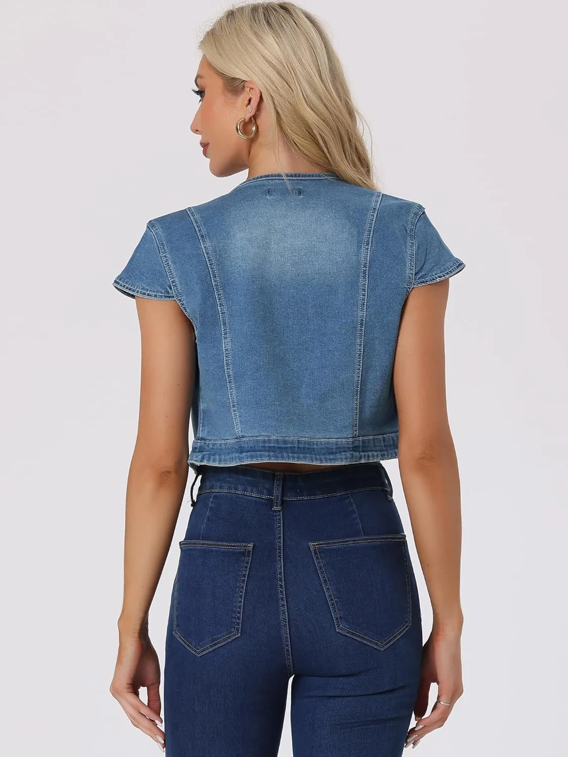 Allegra K Women's Crop Denim Jacket Short Sleeve Slim Fit Summer Outfits Jean Shrug Casual Jacket