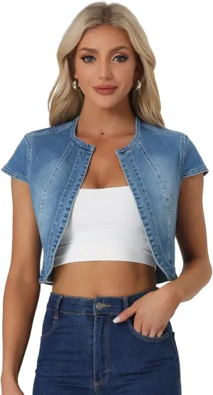 Allegra K Women's Crop Denim Jacket Short Sleeve Slim Fit Summer Outfits Jean Shrug Casual Jacket
