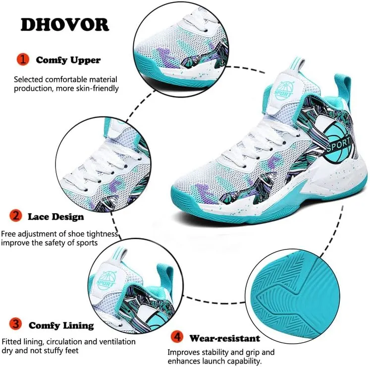 DHOVOR Boys Girls Basketball Shoes Kids Non-Slip Fashion Sneakers Walking Shoes Comfort Sports Shoes for Little Kid/Big Kid