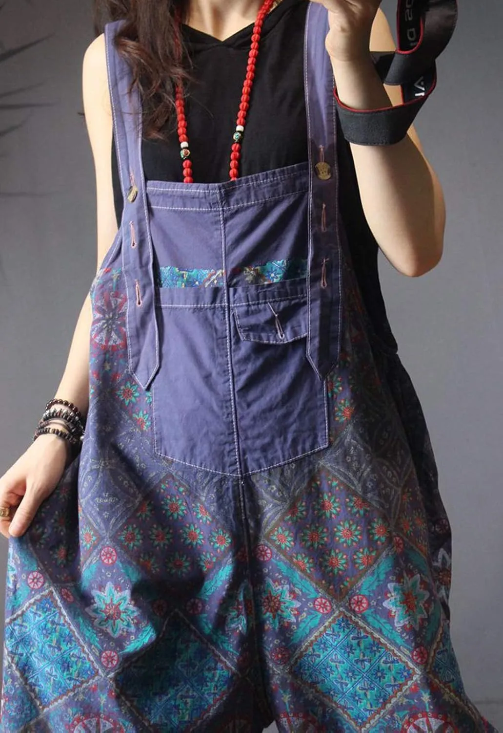 Flygo Women's Loose Baggy Cotton Wide Leg Drop Crotch Overalls Jumpsuits Rompers Harem Pants