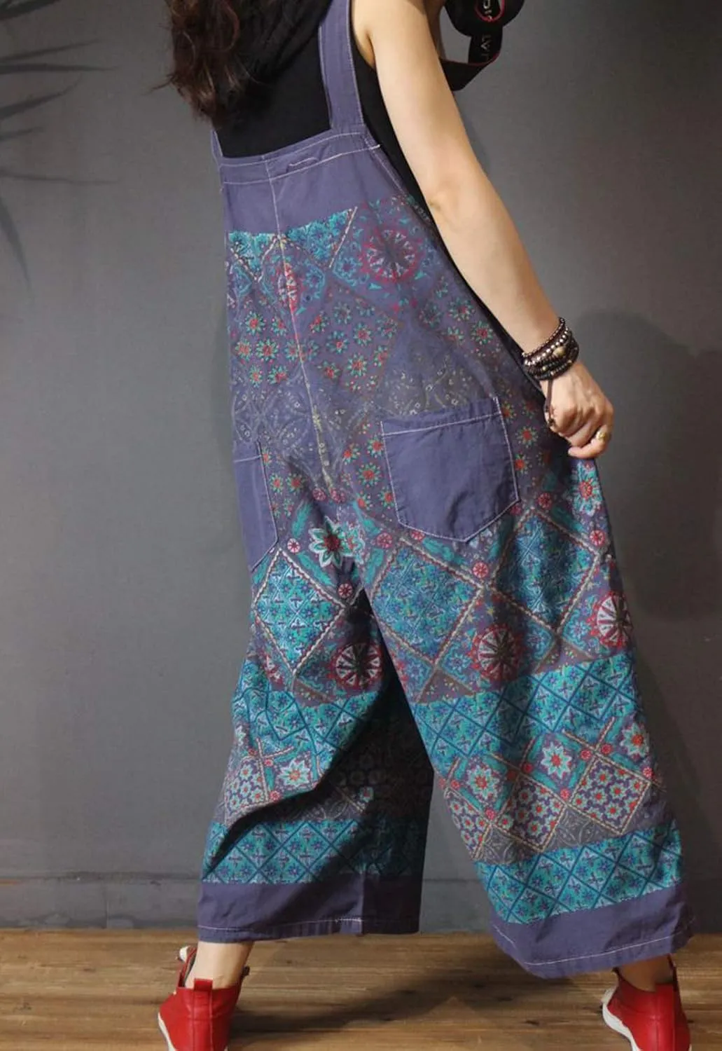 Flygo Women's Loose Baggy Cotton Wide Leg Drop Crotch Overalls Jumpsuits Rompers Harem Pants