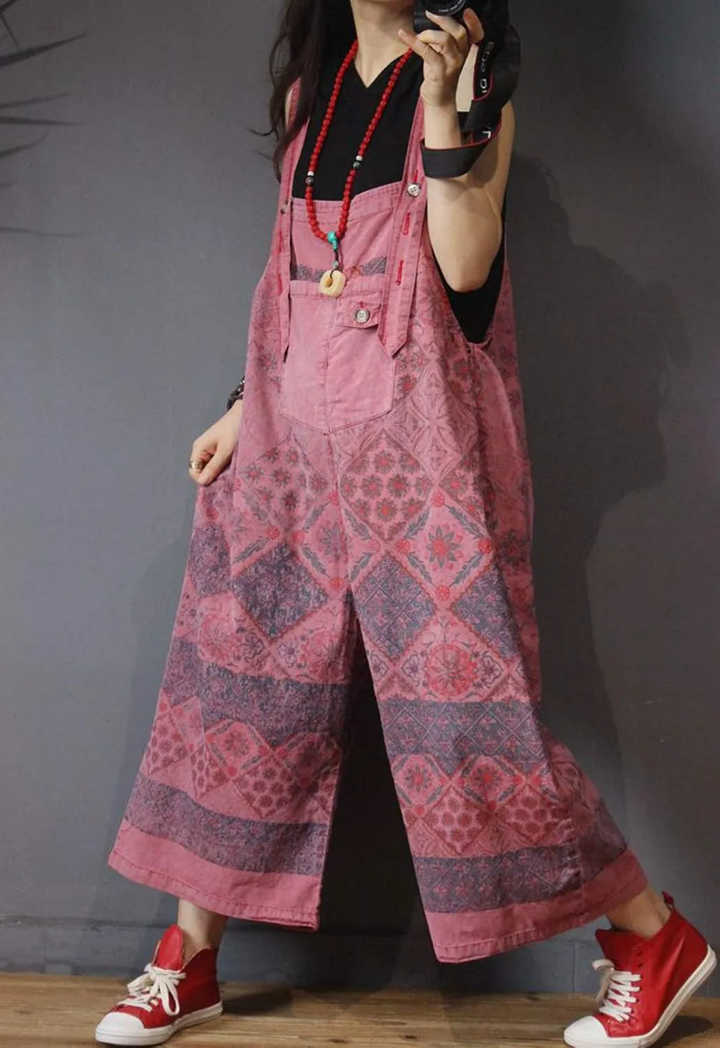 Flygo Women's Loose Baggy Cotton Wide Leg Drop Crotch Overalls Jumpsuits Rompers Harem Pants