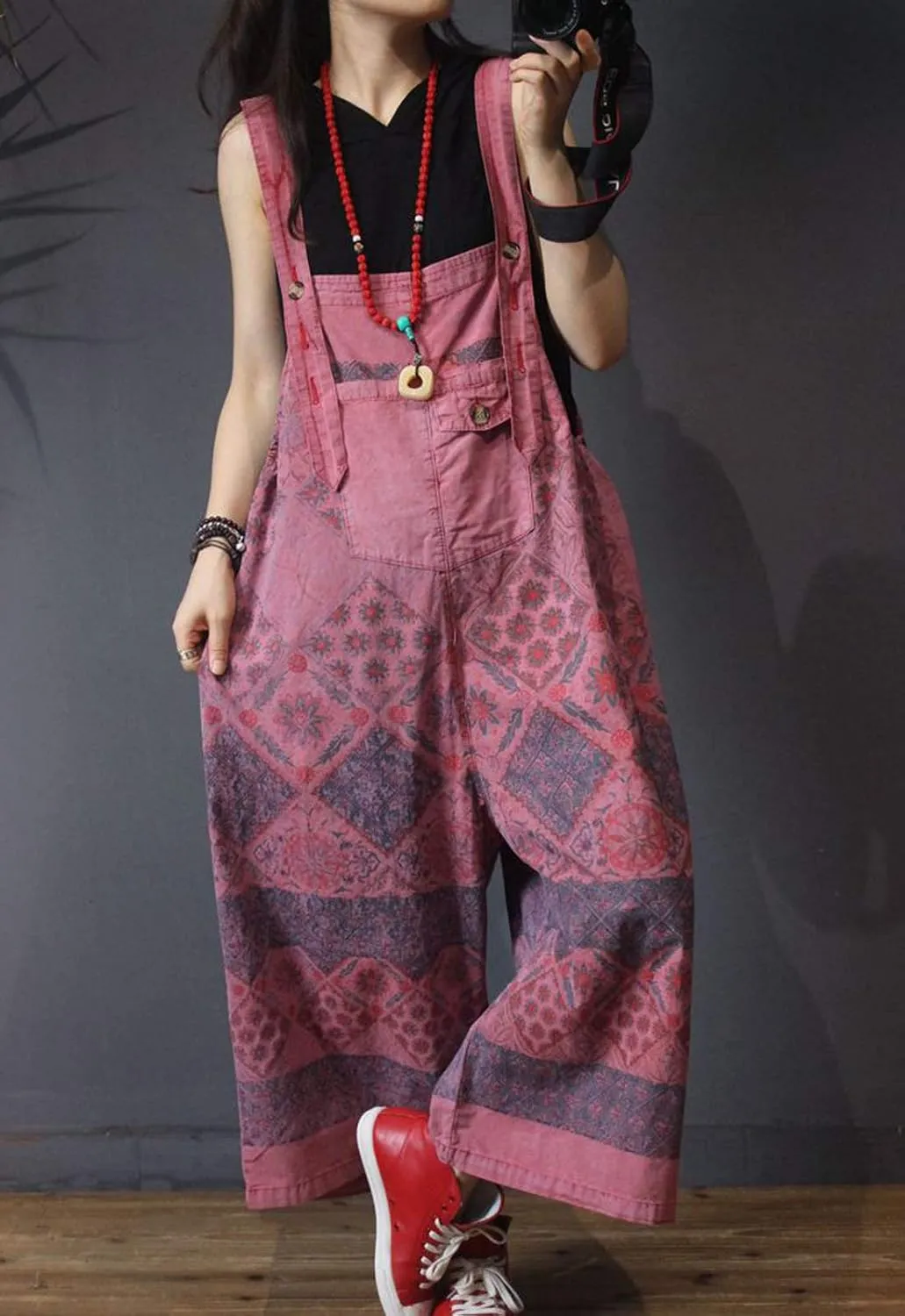Flygo Women's Loose Baggy Cotton Wide Leg Drop Crotch Overalls Jumpsuits Rompers Harem Pants
