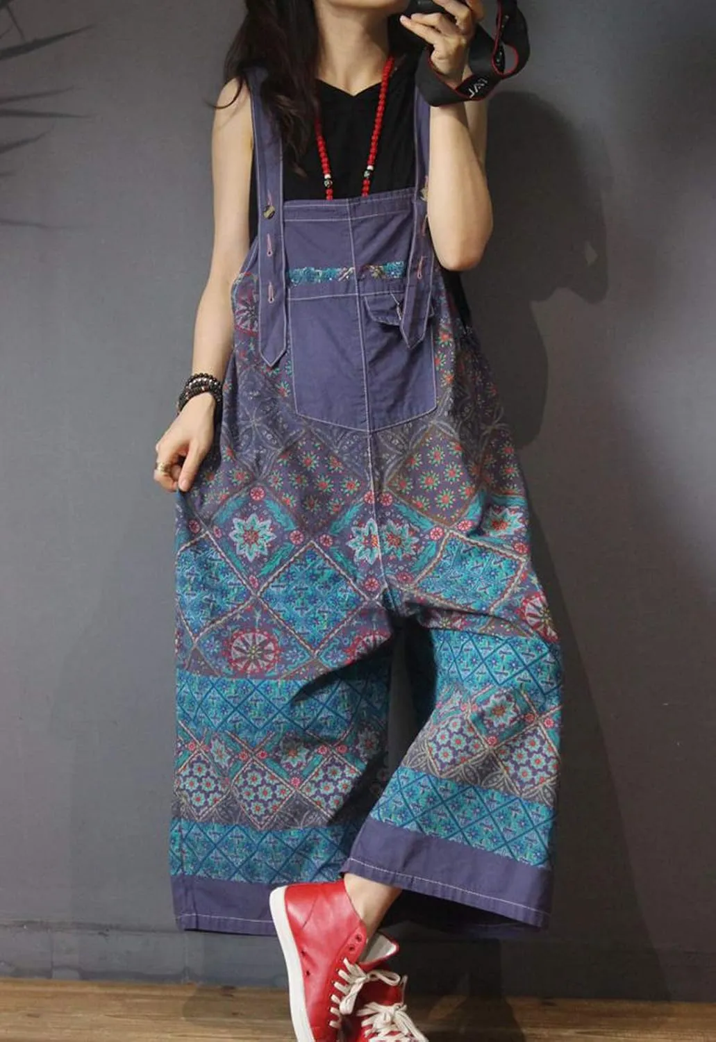 Flygo Women's Loose Baggy Cotton Wide Leg Drop Crotch Overalls Jumpsuits Rompers Harem Pants