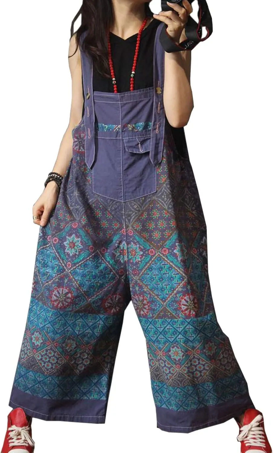 Flygo Women's Loose Baggy Cotton Wide Leg Drop Crotch Overalls Jumpsuits Rompers Harem Pants