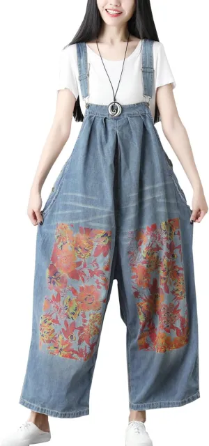 Flygo Women's Loose Baggy Cotton Wide Leg Jumpsuit Rompers Overalls Harem Pants (One Size, Style 07 Blue)