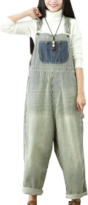 Flygo Women's Loose Baggy Cotton Wide Leg Jumpsuits Rompers Overalls Harem Pants (One Size, Style 11 Faint Yellow Stripe)