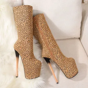 Leopard Print High Heel Knee High Stiletto Platform Boots