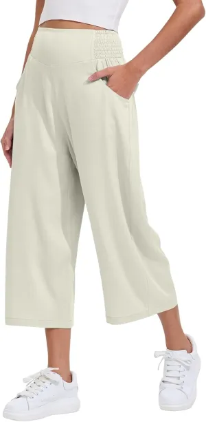 Les umes Womens High Waist Stretch Wide Leg Cropped Trousers Elastic Waist Casual Loose Pants