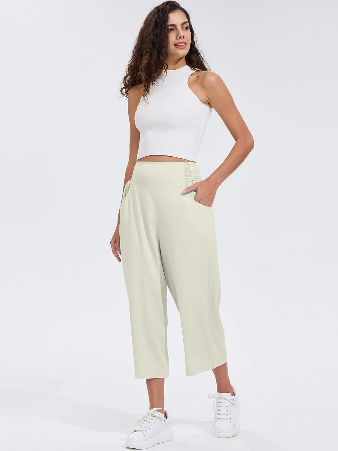 Les umes Womens High Waist Stretch Wide Leg Cropped Trousers Elastic Waist Casual Loose Pants