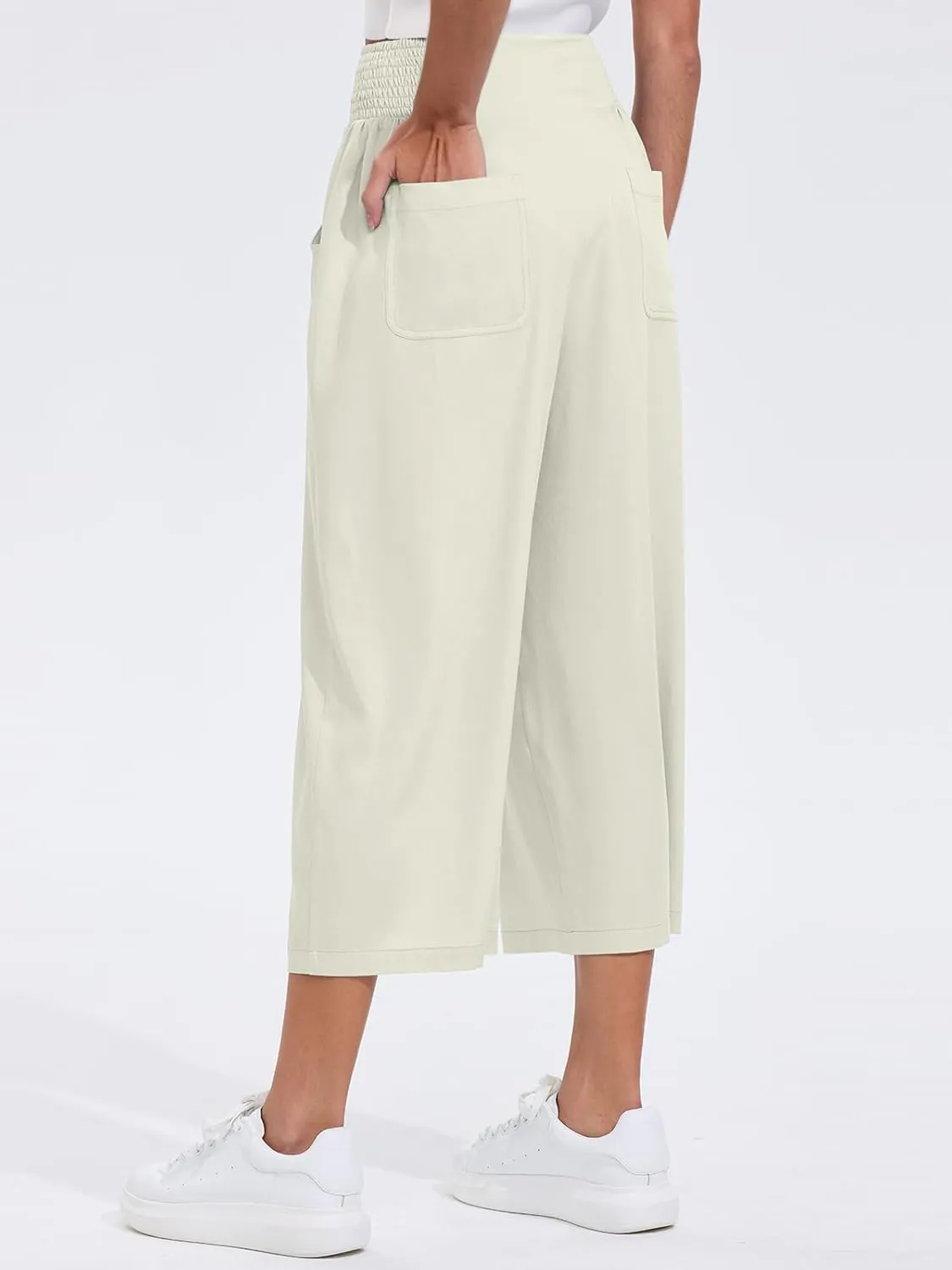 Les umes Womens High Waist Stretch Wide Leg Cropped Trousers Elastic Waist Casual Loose Pants