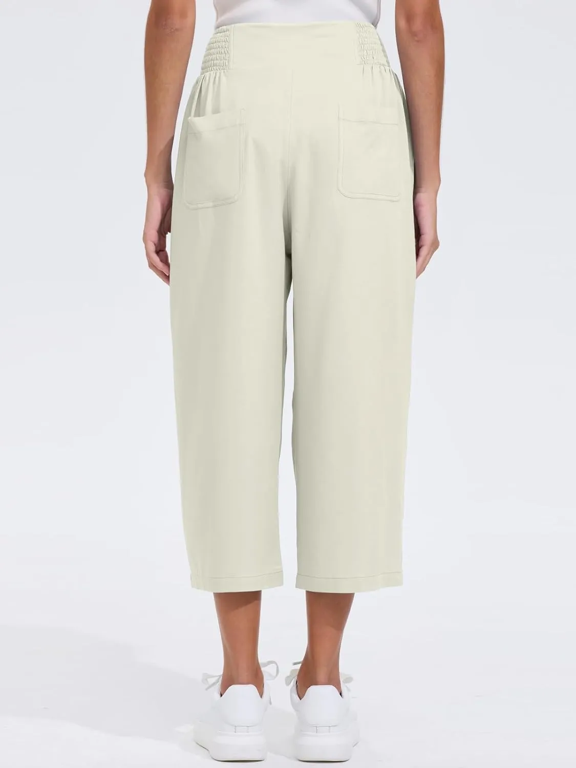 Les umes Womens High Waist Stretch Wide Leg Cropped Trousers Elastic Waist Casual Loose Pants