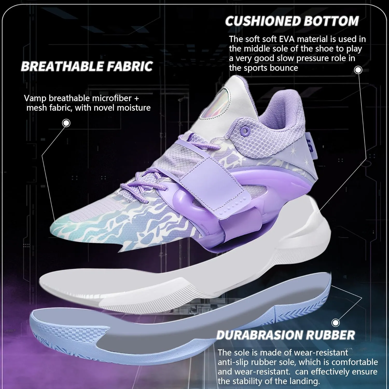 Men Women Basketball Shoes Breathable Non Slip Outdoor Fashion Sneakers(White Purple-5,8.5)