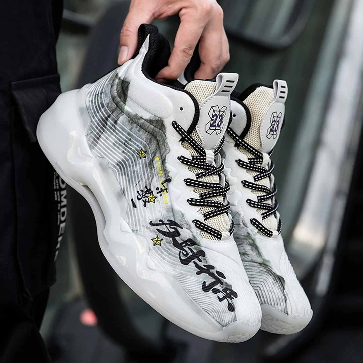 Mens and Womens Mid Top Lace Up Basketball Sneakers Comfortable and Breathable Running Shoes Anti Slip and Wear Resistant Walking Shoes Couple Park Walking Shoes Fitness Training Shoes