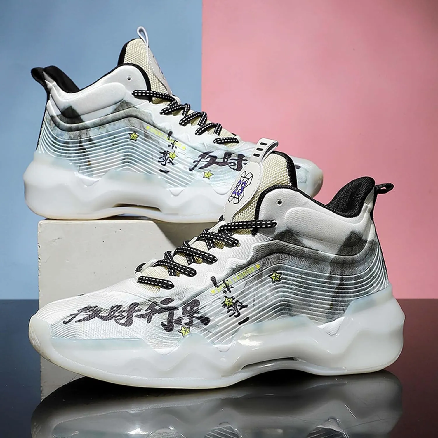 Mens and Womens Mid Top Lace Up Basketball Sneakers Comfortable and Breathable Running Shoes Anti Slip and Wear Resistant Walking Shoes Couple Park Walking Shoes Fitness Training Shoes