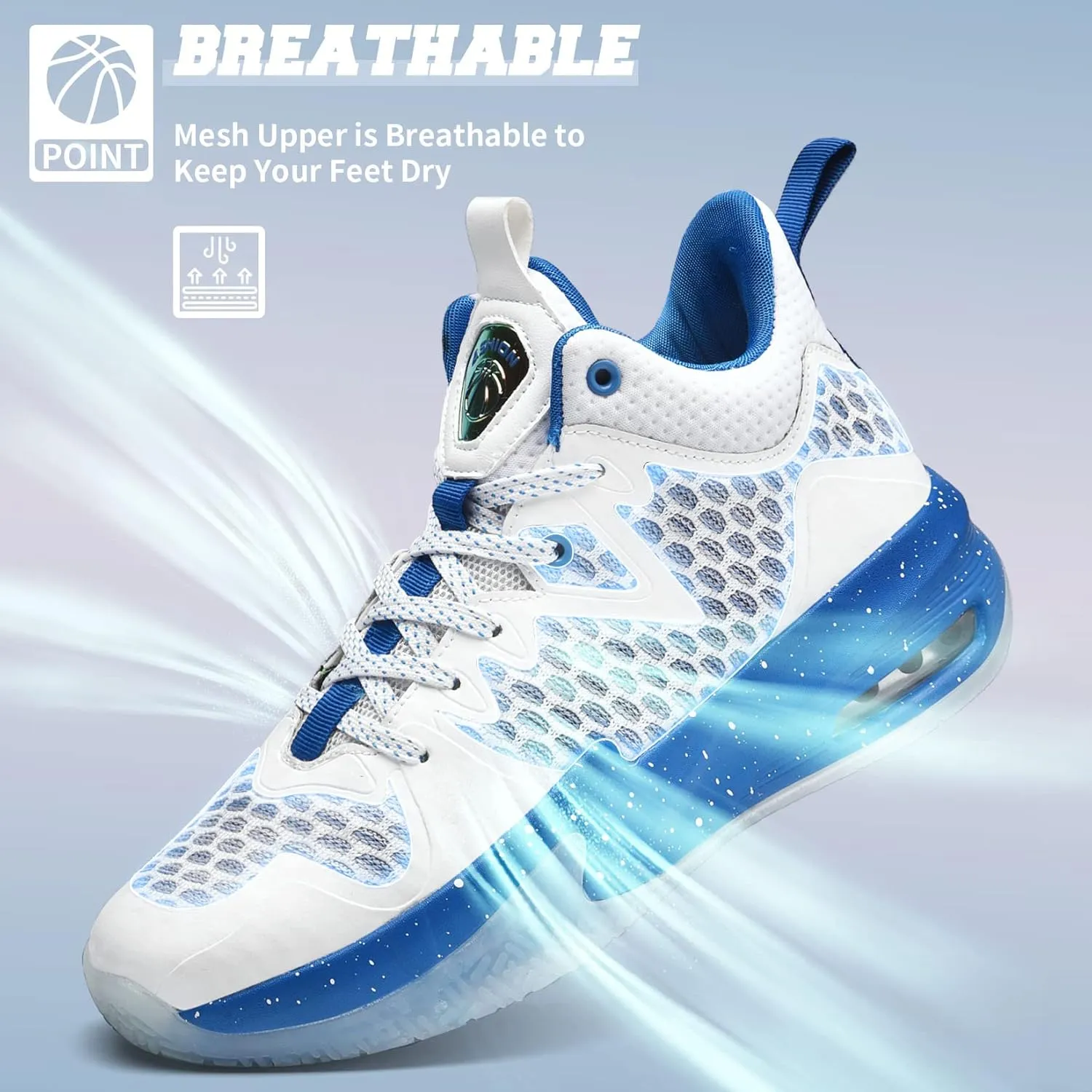 Men's Basketball Sneakers Arch Support Breathable Sports Shoes Anti Slip Training Shoes High Top Running Shoe(White,7.5)