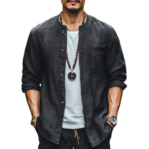 Men's Black Casual Round Neck Cotton and Linen Long-sleeved Shirt 11023917U