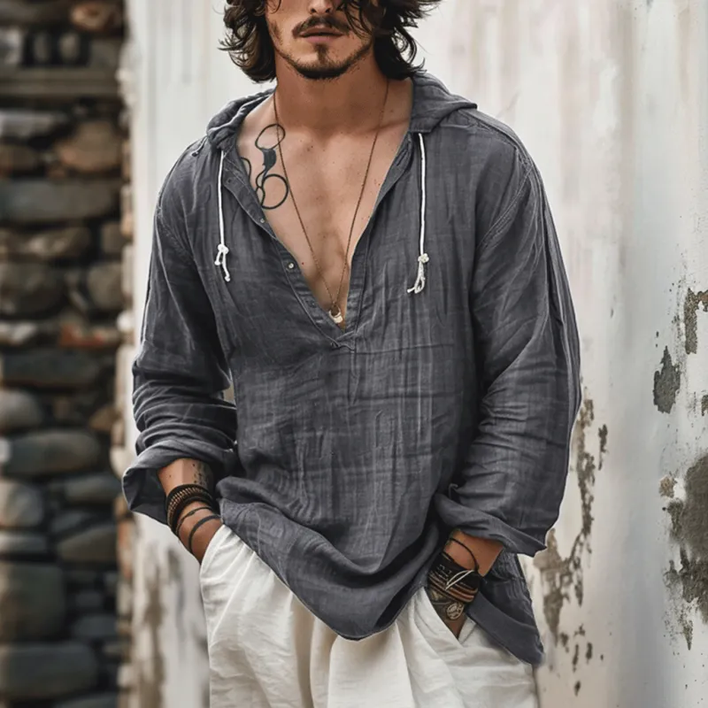 Men's Casual Cotton Linen Thin V-neck Loose Hoodie 49061287M