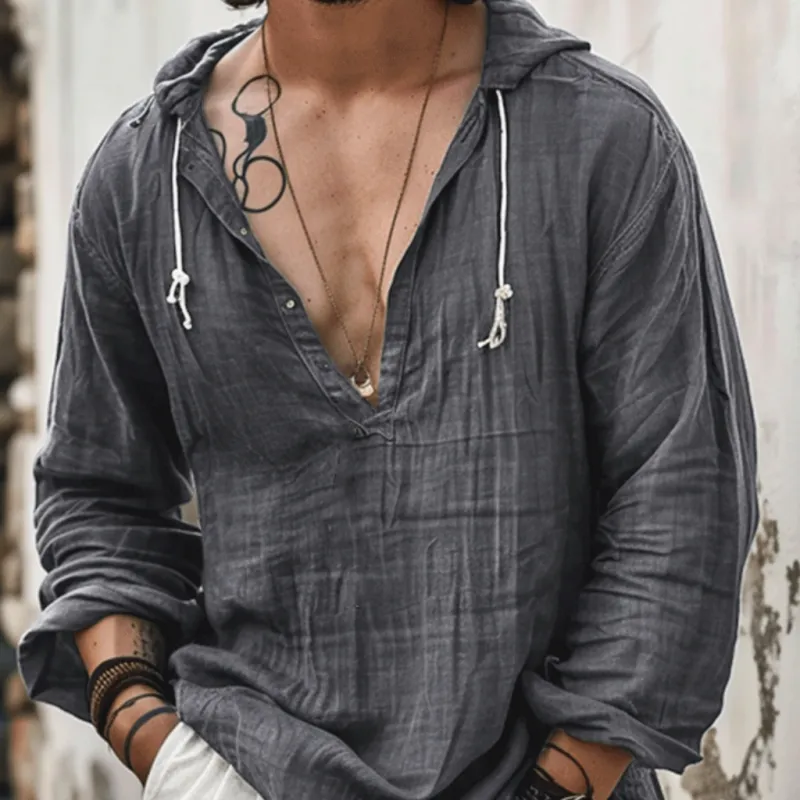 Men's Casual Cotton Linen Thin V-neck Loose Hoodie 49061287M