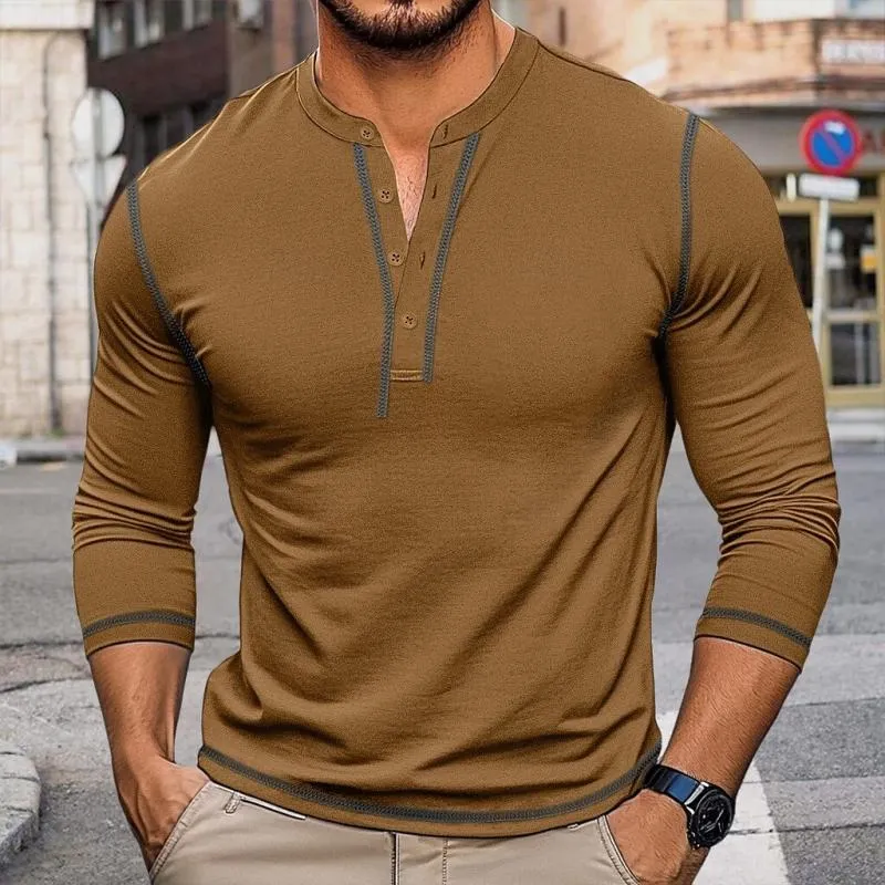 Men's Retro Contrast Color Button Crew Neck Slim FitLong Sleeve T-Shirt 01368832Y