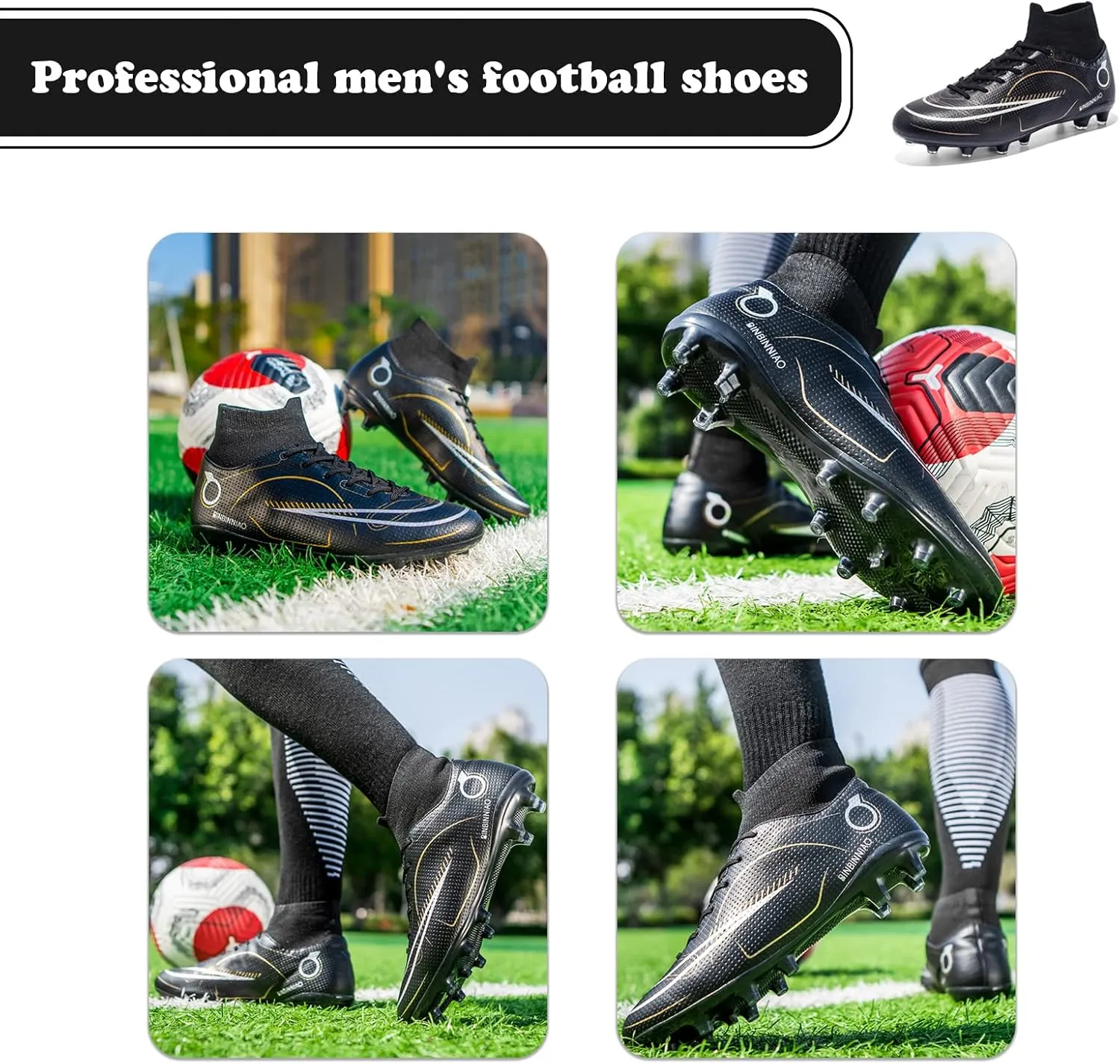 Mens Soccer Cleats Professional Football Boots High-Top Spikes Shoes Boys Outdoor Indoor Athletic Training Sneakers