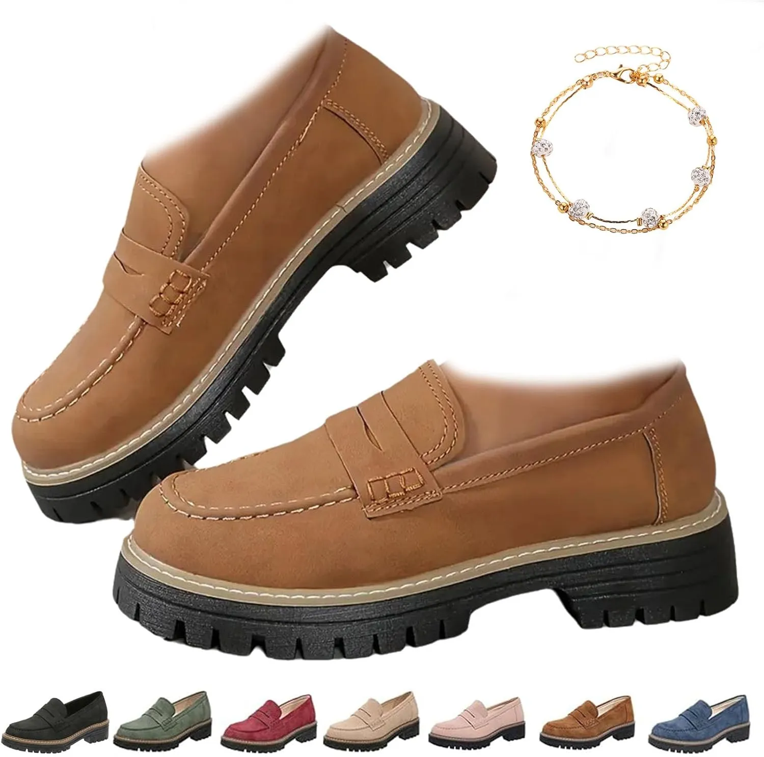Orthoture Orthopedic Platform Loafers, Lug Sole Loafers for Women, Womens Round Toe Walking Shoe,Slip on Shoes