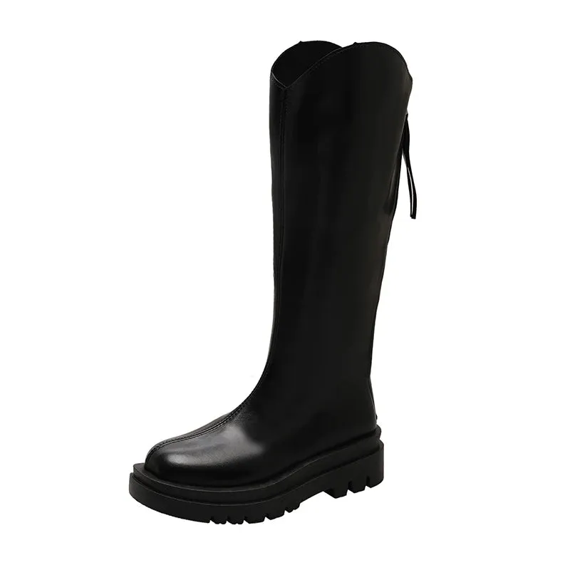 Sohiwoo Winter British Round Toe Mid Heel Knight Boots PU Leather Breathable and Simple Versatile Coarse Heel Fashion Boots for Women