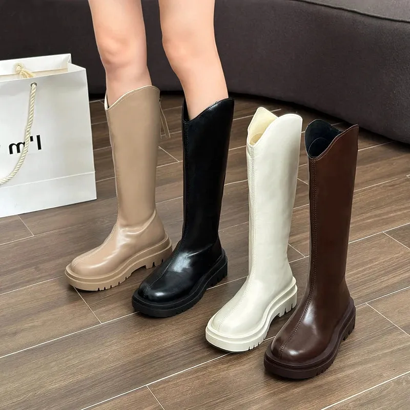 Sohiwoo Winter British Round Toe Mid Heel Knight Boots PU Leather Breathable and Simple Versatile Coarse Heel Fashion Boots for Women
