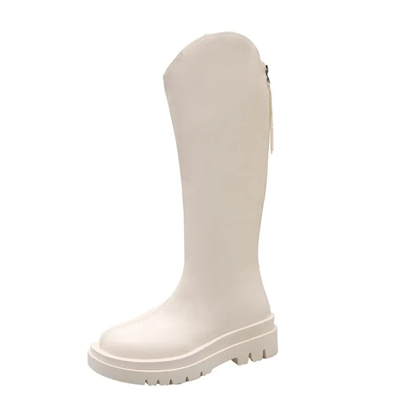 Sohiwoo Winter British Round Toe Mid Heel Knight Boots PU Leather Breathable and Simple Versatile Coarse Heel Fashion Boots for Women