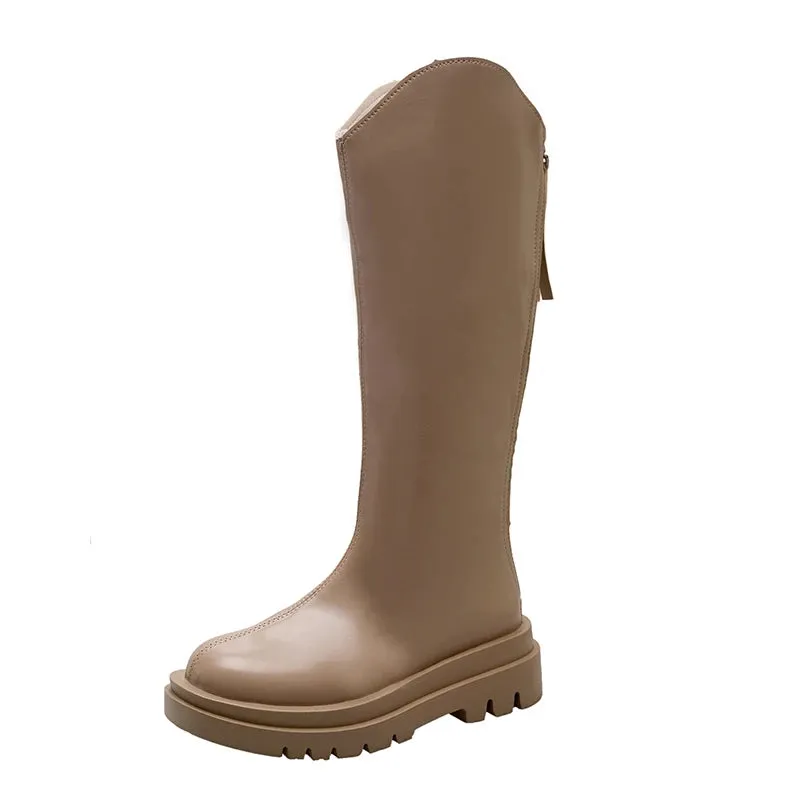 Sohiwoo Winter British Round Toe Mid Heel Knight Boots PU Leather Breathable and Simple Versatile Coarse Heel Fashion Boots for Women