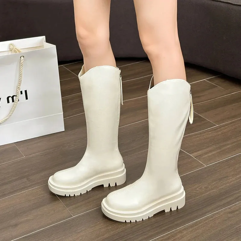 Sohiwoo Winter British Round Toe Mid Heel Knight Boots PU Leather Breathable and Simple Versatile Coarse Heel Fashion Boots for Women