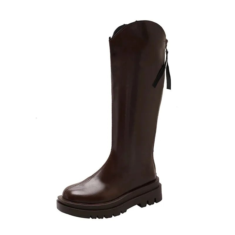 Sohiwoo Winter British Round Toe Mid Heel Knight Boots PU Leather Breathable and Simple Versatile Coarse Heel Fashion Boots for Women