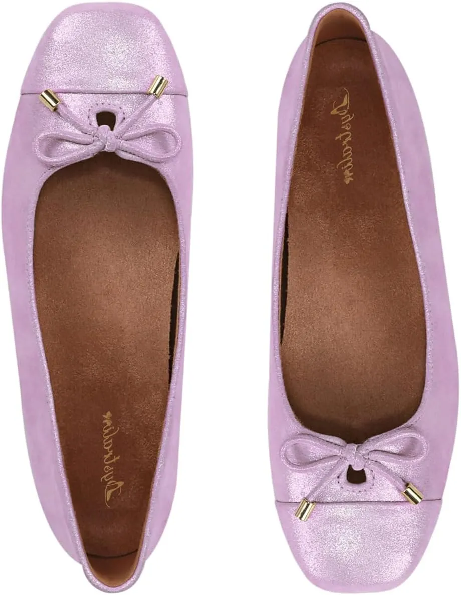 Women Glitter Bow Flats Square Closed Toe Slip On Ballet Flats Cap Toe Metallic Flat Shoes Matte Suede Office Work Flats Ladies Girls Club Driver Flats Dressy Comfort Daily Retro 4-11 M US