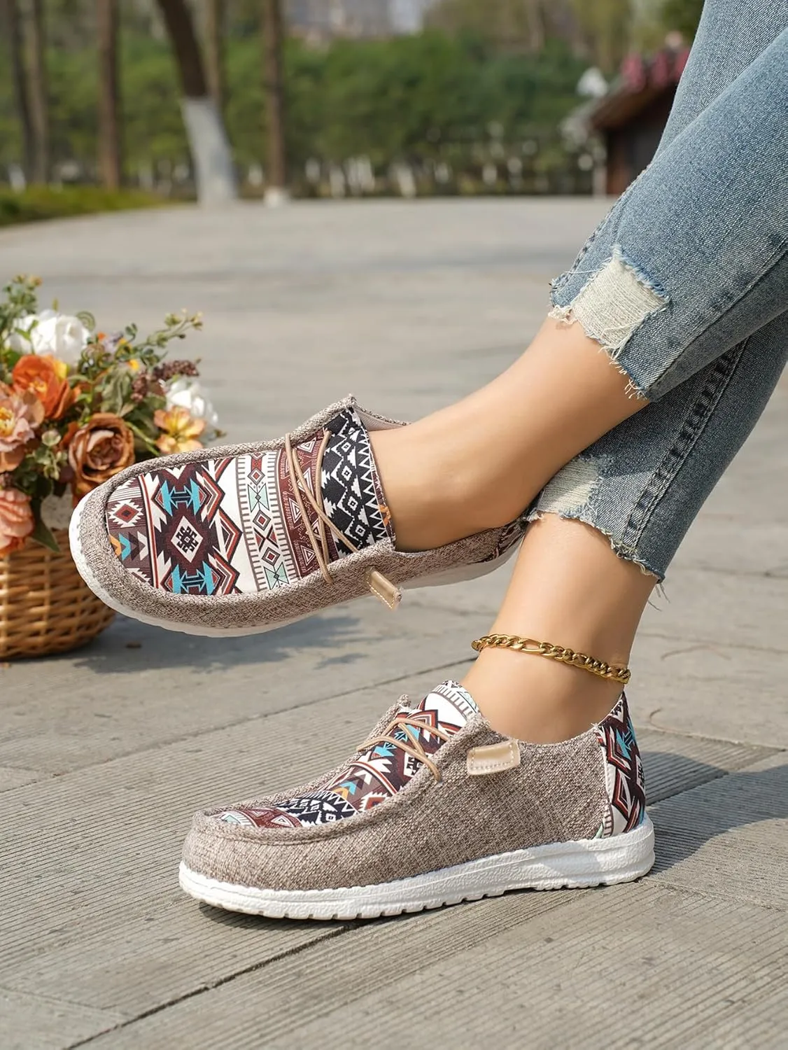 Women's Aztec Print Slip-On Loafers - Elastic Lace Comfort Shoes, Lightweight Foam Sole, Orthotic Support for Daily Wear, Trendy Casual Sneakers (US 6-11)
