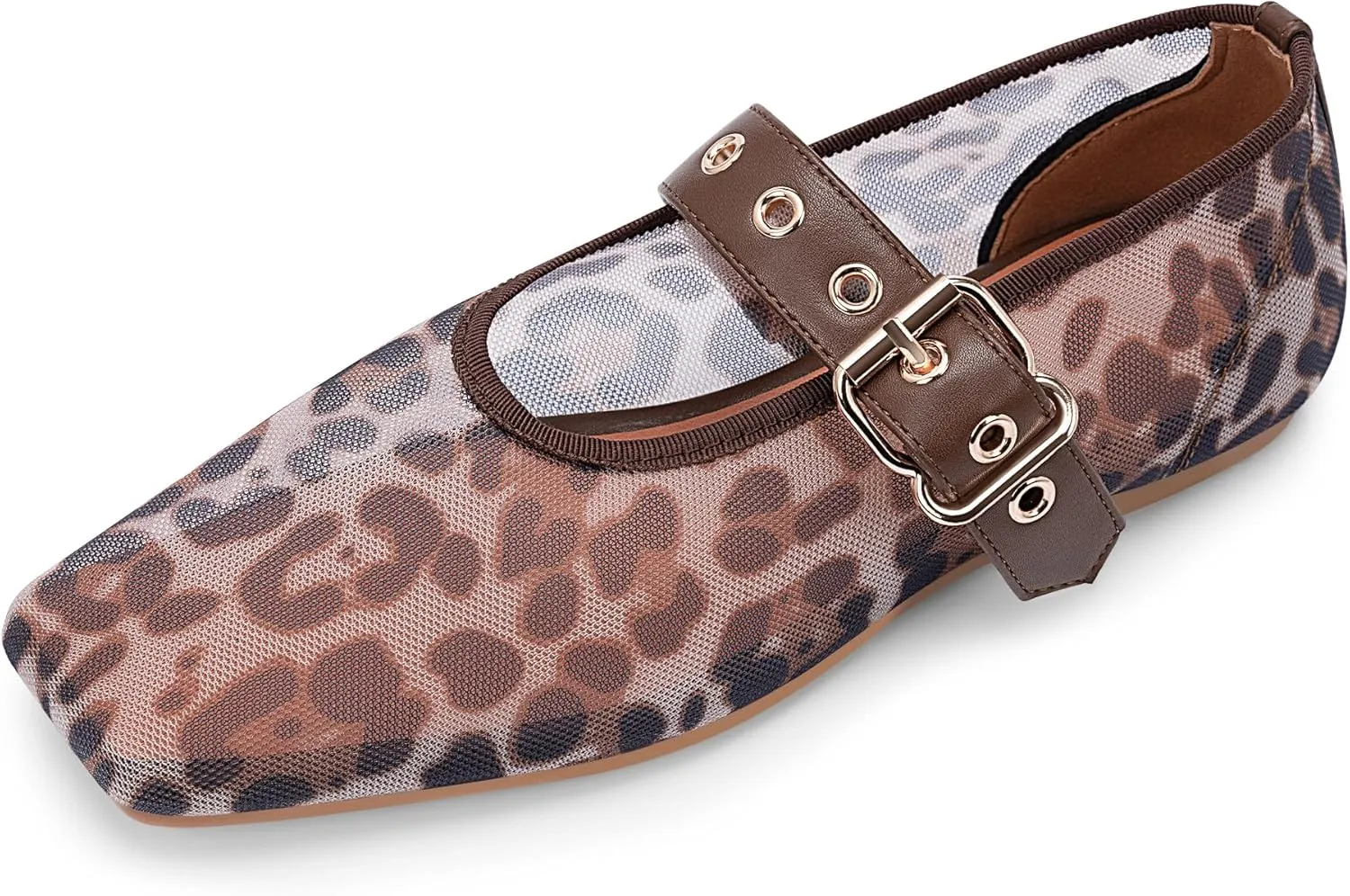 Women's Leopard Mesh Mary Jane Flats Buckle Strap Closed Square Toe Ballet Flats