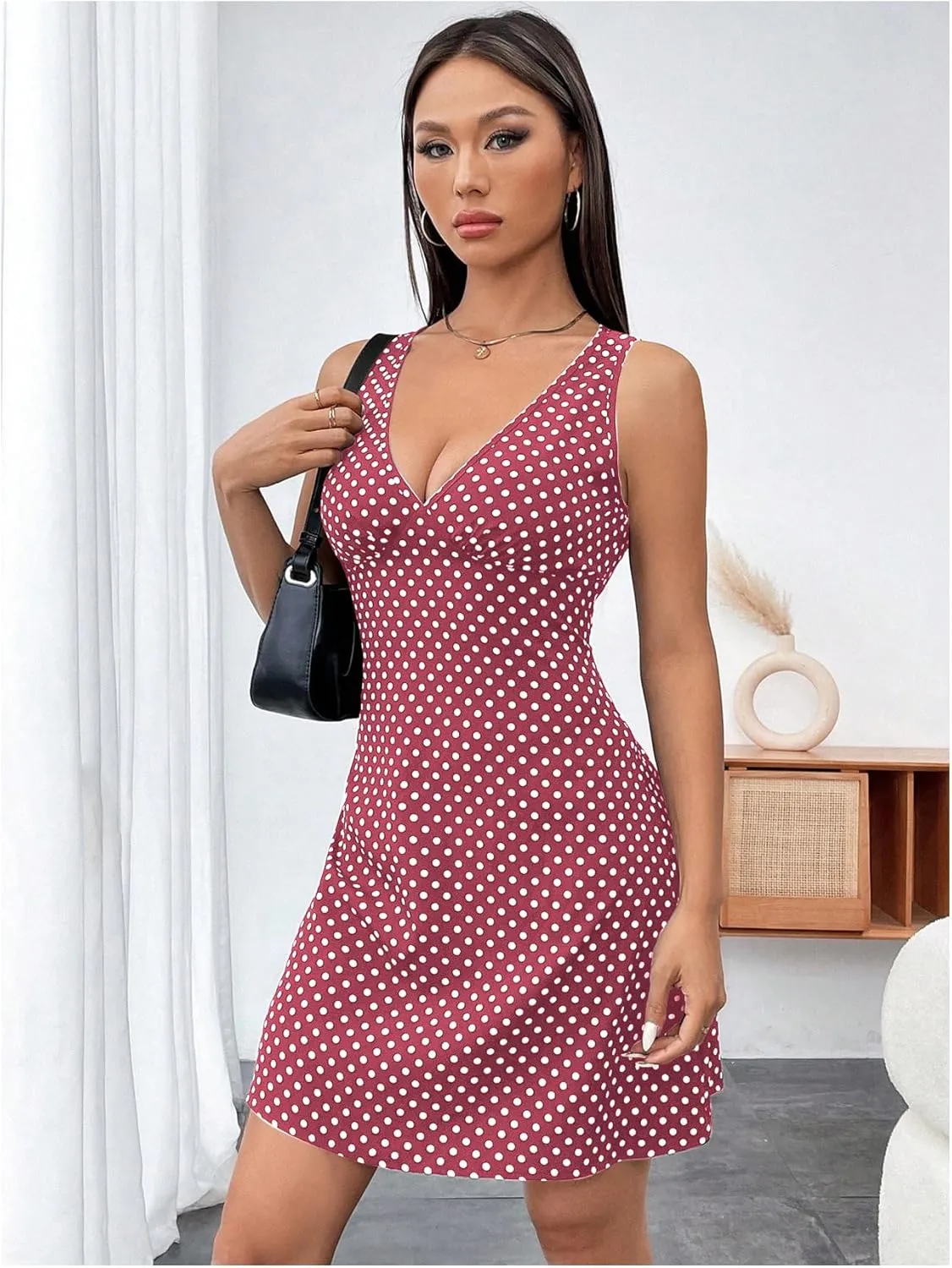 Women's Polka Dots V Neck Tank Dress Sleeveless Summer A Line Dresses Sexy Mini Dress