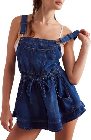 Women's Sleeveless Denim Romper Shorts Ruffle Hem Adjustable Strap Casual Jean Jumpsuits One Piece Outfits